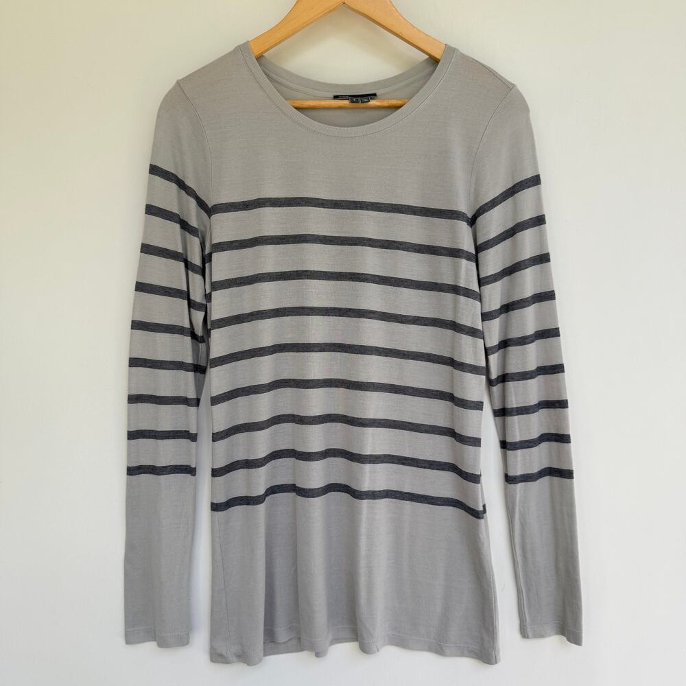 Vince Gray Striped Silk Blend Crewneck Long Sleeve Tee Shirt Top Small